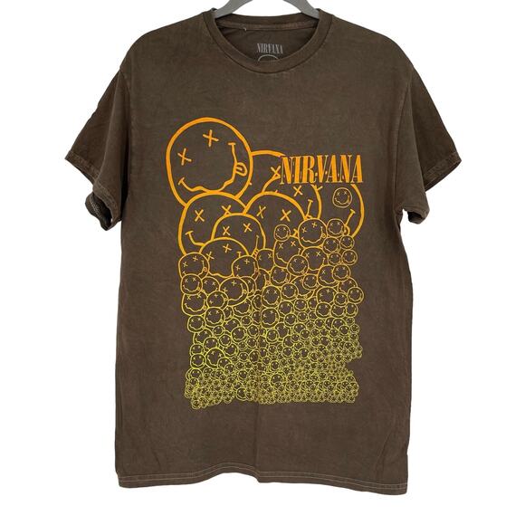 Officially Licensed Nirvana Smiley Face Pile Grunge Band Tee Brown Acid Wash M - Picture 7 of 7